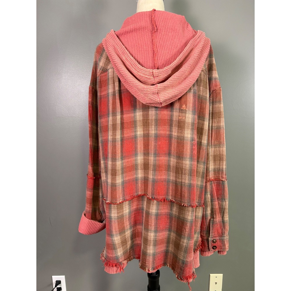Oli & Hali Plaid Hooded Shacket M Waffle Knit Grunge Boho Shabby Mixed Media - Picture 4 of 10